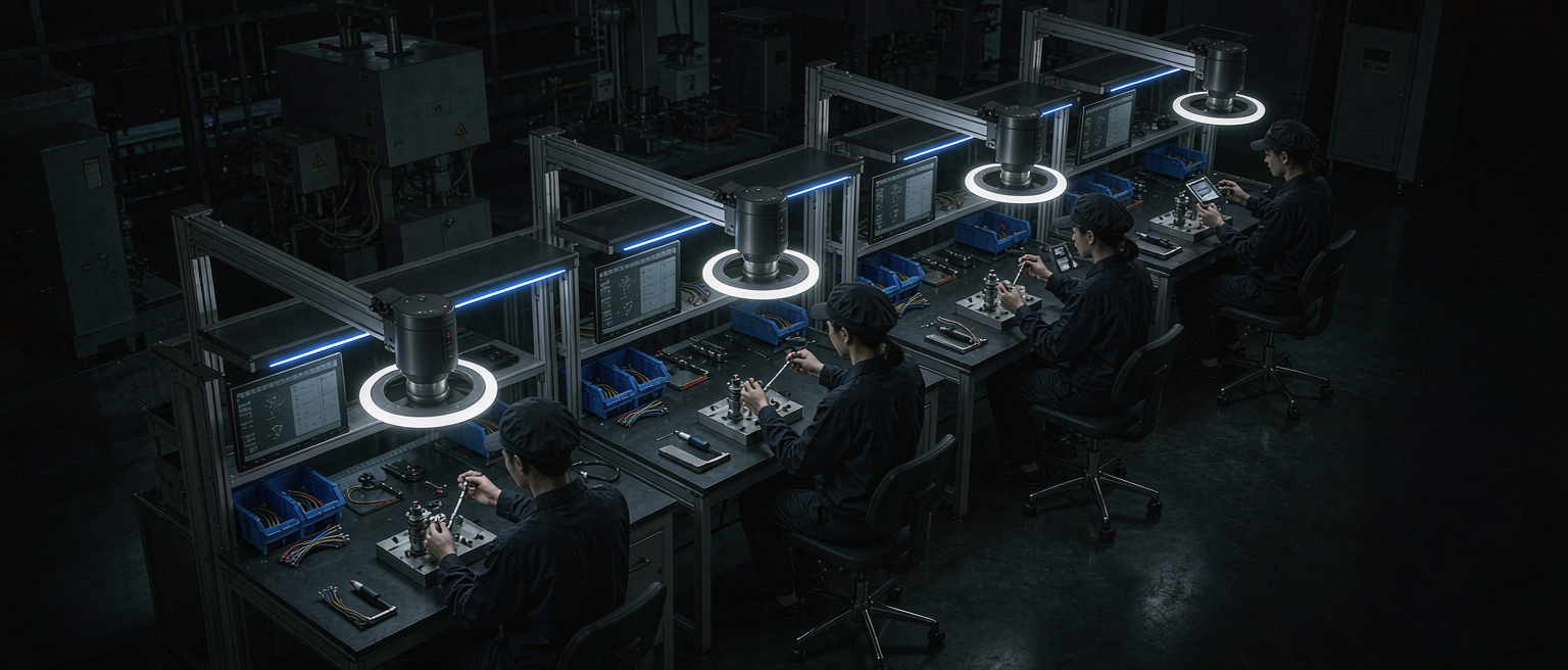 AI 视觉检测产线：斜视视角下多个工位并行作业，每个工位顶置视觉摄像头逐项校验 SOP 步骤